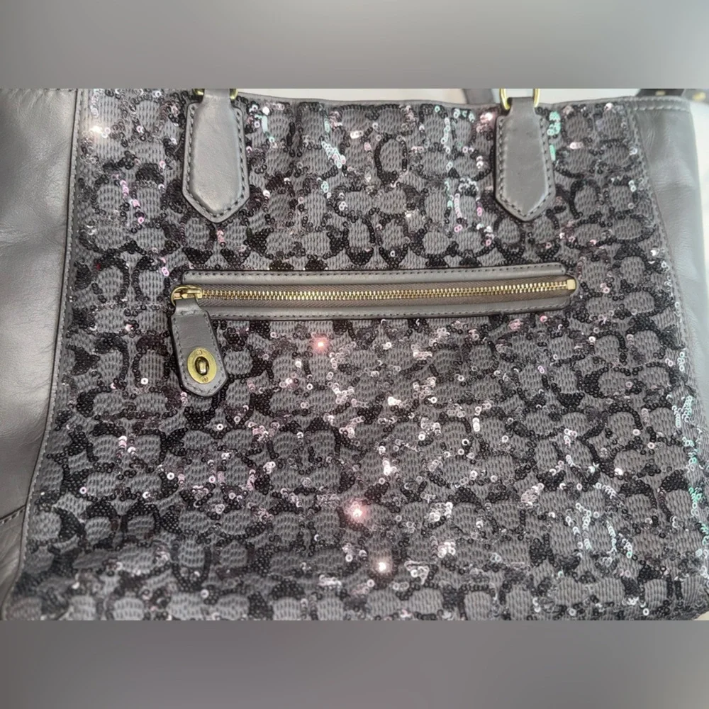 Coach Charcoal Gray Sequin 2-Way Leather Tote Bag